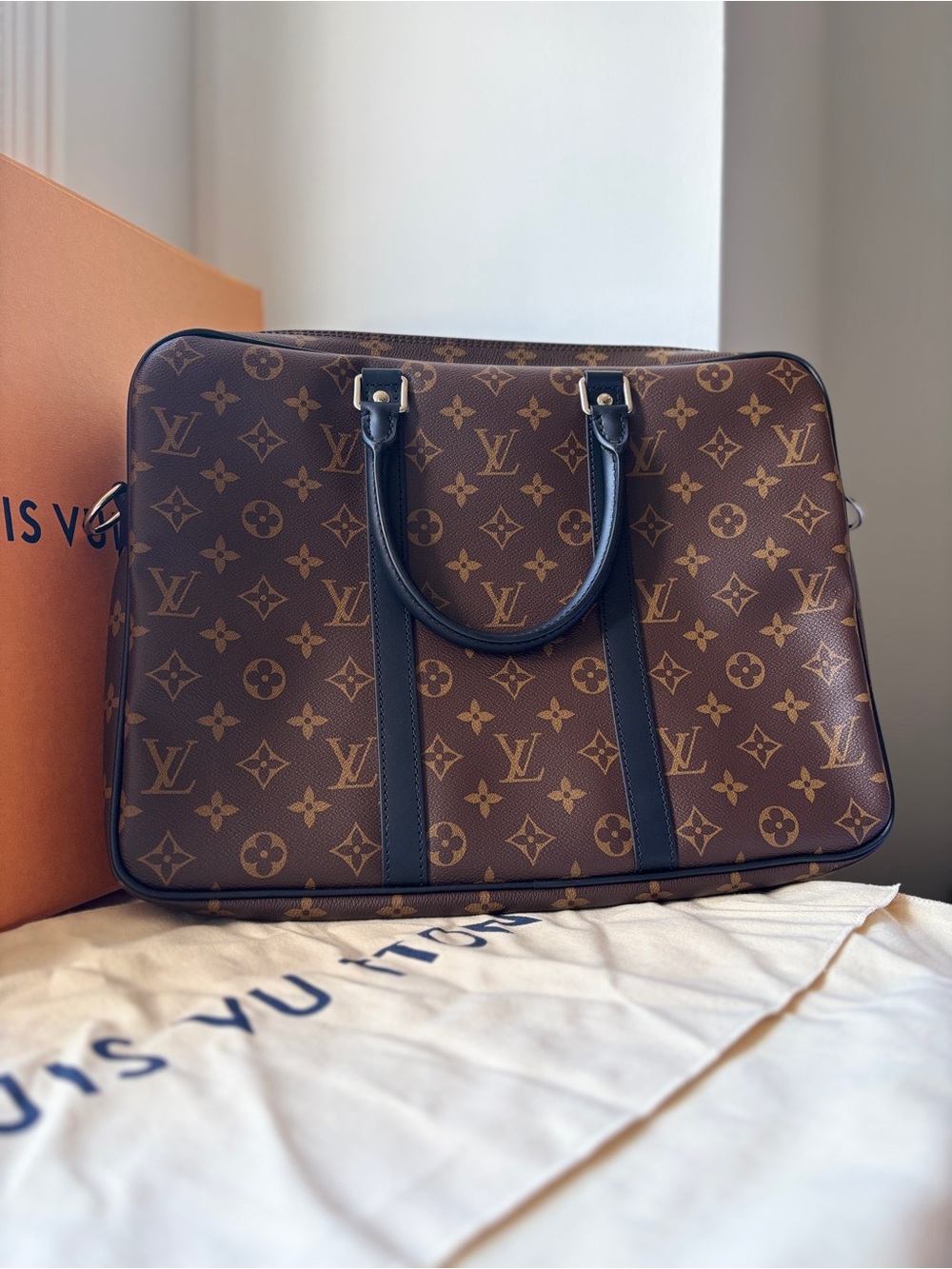 Brand New Louis Vuitton Monogram Macassar Porte-Documents Voyage PM Briefcase